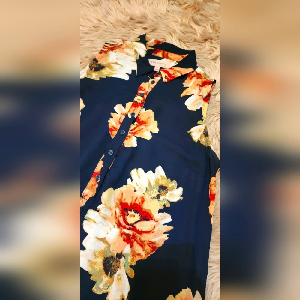 Floral Print Sleeveless Button Down Shirt Dress